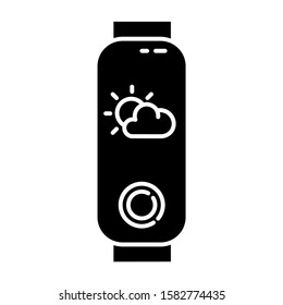 Fitness device with weather forecast function glyph icon. Portable active lifestyle gadget with meteorology indicator on display. Silhouette symbol. Negative space. Vector isolated illustration