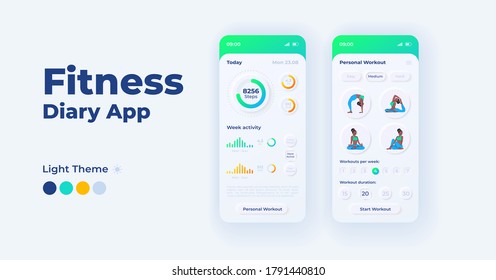 Fitness diary cartoon smartphone interface vector templates set. Mobile app screen page day mode design. Training progress tracking and settings UI for application. Phone display with flat character