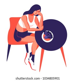 Fitness and diet concept. Sad woman sitting at the table with a plate of broccoli. Vector illustration