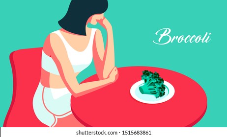 Fitness and diet concept. Sad woman sitting at the table with a plate of broccoli. Vector illustration