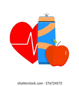 Fitness and diet for health. Health lifestyle, sport and food for heart. Vector illustration