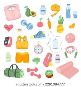 Fitness diet icon set.  Fitness inventory, gym accessories, healthy food.  