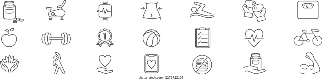 Fitness, Diet, Sport, Yoga, Gym, Cardio, Health and Running thin line icons set vector