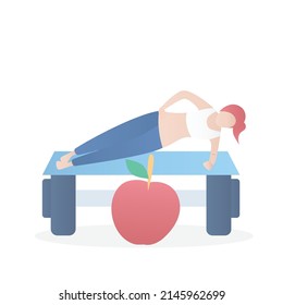 Fitness and diet,Workout training,goal to lose weight,young woman in sportswear with dumbbells and apple,Vector illustration.