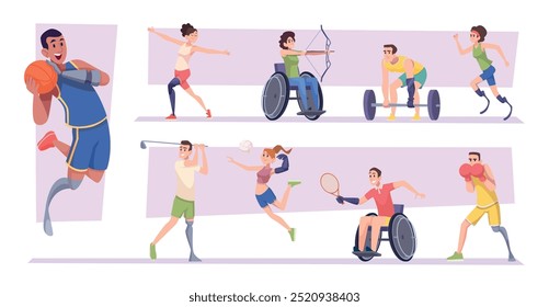 Fitness con discapacidad. Personajes de atletas con piernas y manos de protesis Ilustraciones vectoriales exactas en estilo de dibujos animados