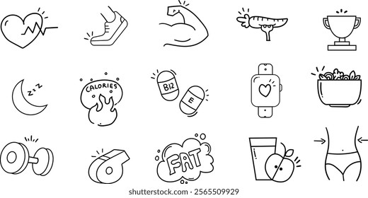 Fitness doddle,Drawing related to gym and Healthy body,Hand Drawn fitness clipart. 