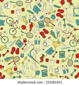 Fitness doodle hand drawn pattern. Seamless vector background