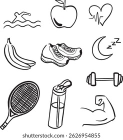 fitness doodle icons, hand drawn healthy life style illustrations