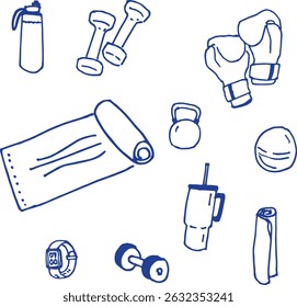 Fitness doodles gym lineart boxing yoga pilates icon