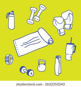 Fitness doodles gym lineart boxing yoga pilates icon