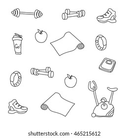 Fitness doodles. Isolated set of gym equipment. An apple, a sneaker, a sport watch, dumbbells, mats, scales, a barbell, a cycle and a shaker. Hand drawn vector EPS10.