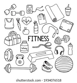 Fitness doodles set. Sketch of sport equipment with scales, barbell, ball, measuring tape, bottle, apple. Hand drawn vector illustration isolated on white background.