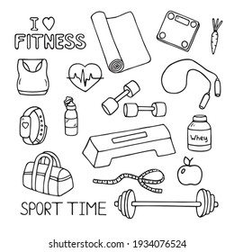 Fitness doodles set. Sketch of sport equipment with scales, barbell, ball, measuring tape, bottle, apple. Hand drawn vector illustration isolated on white background.