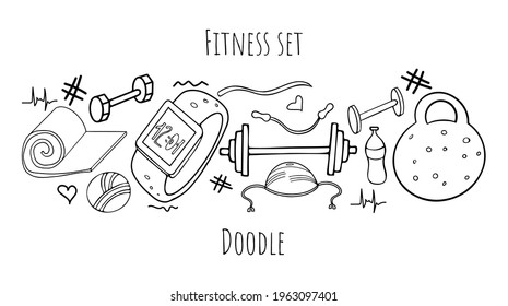 Fitness doodles set. Sketch of sports equipment Hand drawn vector illustration isolated on white background.
