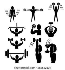 Fitness with dumbbell and barbell icon, weight lifting,muscle training, isolated vector symbol.