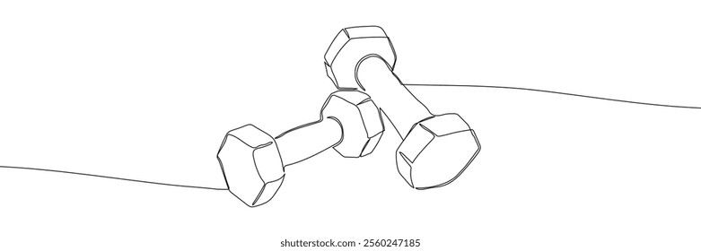 Fitness dumbbell continuous line drawing vector illustration. Gym, sport, weight, strength, training symbol. Editable stroke