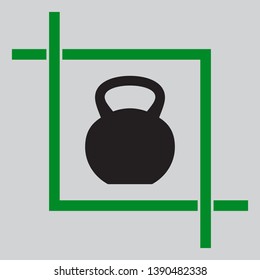 Fitness Dumbbell sign. Black icon inside green crop tool at light gray background