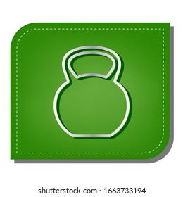 Fitness Dumbbell sign. Silver gradient line icon with dark green shadow at ecological patched green leaf. Illustration.