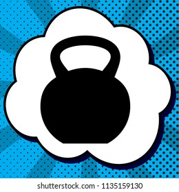 Fitness Dumbbell sign. Vector. Black icon in bubble on blue pop-art background with rays.