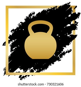 Fitness Dumbbell sign. Vector. Golden icon at black spot inside golden frame on white background.
