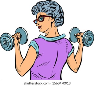 fitness dumbbells sport activity Woman grandmother pensioner elderly lady. Pop art retro vector illustration drawing vintage kitsch