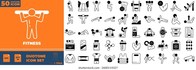Fitness Duotone Editable Icons set. Vector illustration in modern thin duotone style of fitness icons: sport, gym, yoga, etc