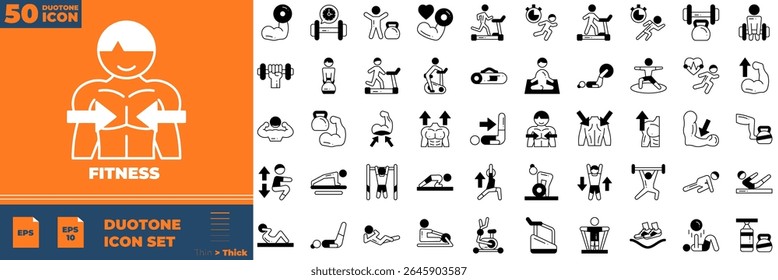 Fitness Duotone Icons editáveis conjunto. Ilustração vetorial no estilo duotônico fino moderno de ícones de fitness: ginásio, exercício, peso, etc