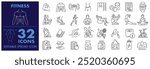 Fitness Editable Stroke icon set, Lifestyle, Cardio, Exercise, Meditate, training, yoga, workout, slim body, gymnastic, Fitness Program, Cardio, Vector illustration icon set.