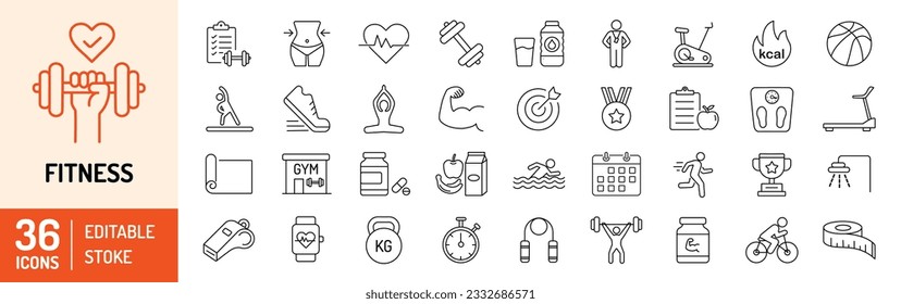 Fitness editable stroke outline icons set. Fitness, exercise, weight loss, dumbbell, running, gym, diet and calorie. Vector illustration