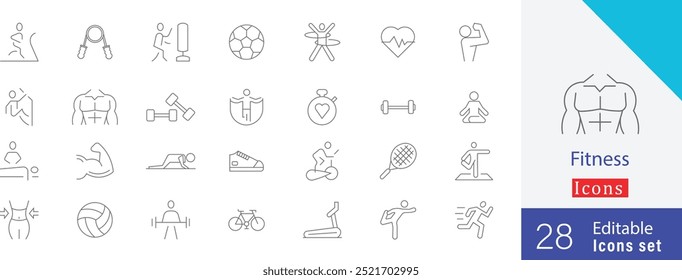 Estilo editable del icono de la línea fina de la aptitud que contiene la bici de montaña, correr, pulso, bici del ejercicio, agua, cuidado del cuerpo, ejercicio, aptitud, voleibol, caminadora y más iconos simples