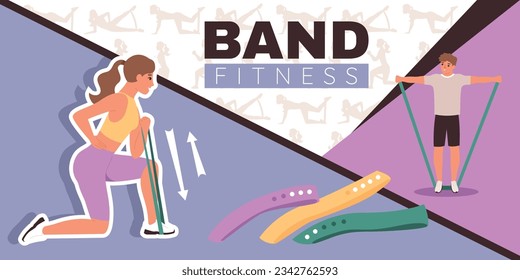 Fitness elastic bands composition with collage of flat icons position silhouettes doodle human characters and text vector illustration