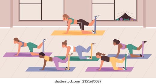 Fitness elastic bands flat composition with indoor view of gym with multiple people workout in group vector illustration