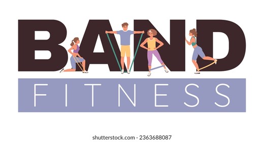 Fitness elastic bands flat composition with editable text and doodle style characters of people working out vector illustration