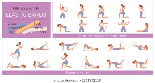 Fitness elastic bands flat infographic with set of compositions showing woman in various poses with text vector illustration