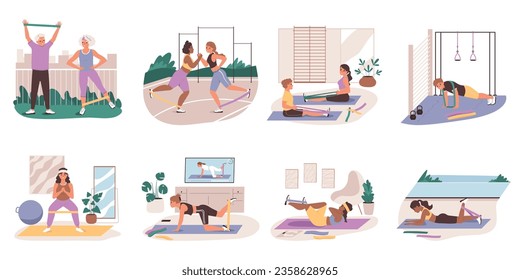 Fitness elastic bands flat set of isolated compositions with doodle views of people with workout equipment vector illustration