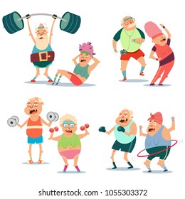 Fitness elderly couple man and woman doing exercise. Workout grandmothers and grandfathers vector cartoon cute character set isolated on a white background. Healthy lifestyle senior people.