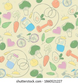 Fitness elements seamless pattern vector illustration. healthy lifestyle