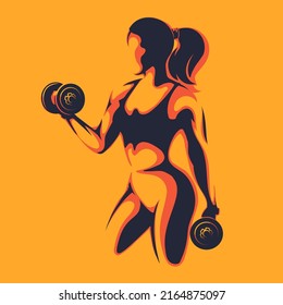 Emblema de fitness. Una mujer atlética con campanas de púas aisladas en fondo amarillo. Ilustración vectorial.