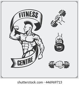 Fitness emblem and design elements. Illustration of bodybuilder. 