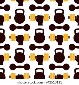 Fitness emblem design seamless pattern gym sport club strong equipment silhouette vector illustration.