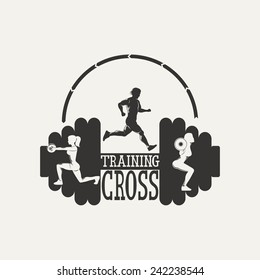 Fitness emblem. Silhouette running man, woman squats with a barbell.  Vintage Style illustration.