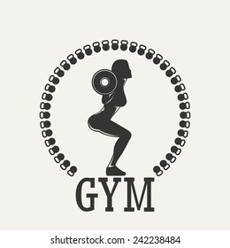 Fitness emblem. Silhouette woman squats with a barbell.  Vintage Style illustration. 