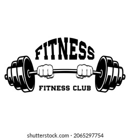 Fitness. Emblem template with hand with barbell. Design element for logo, label, sign, poster, t shirt. Vector illustration