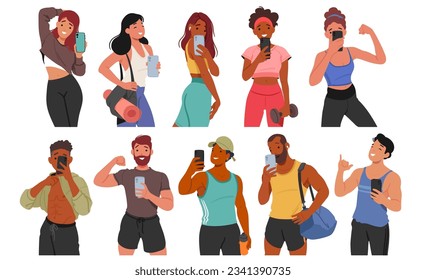 Fitness Enthusiasts Male and Female Characters Capturing Their Workout Triumphs With Selfies In The Gym, Showcasing Progress and Motivating Others To Embrace A Healthy Lifestyle. Vector Illustration