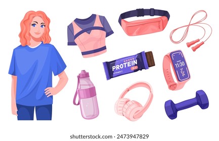 Fitness equipment and apparel illustration including woman, sports bra, waist bag, jump rope, protein bar, water bottle, headphones, smartwatch, and dumbbell. Healthy lifestyle concept.