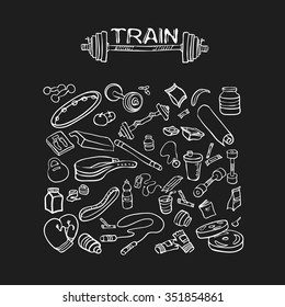 Fitness equipment, bodybuilding, sport, healthy lifestyle. Vector hand drawn sketch