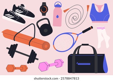 Fitness equipment collection doodle set. Workout accessory, yoga mat, sportswear, tennis racket and bag. Modern isolated vector illustration.