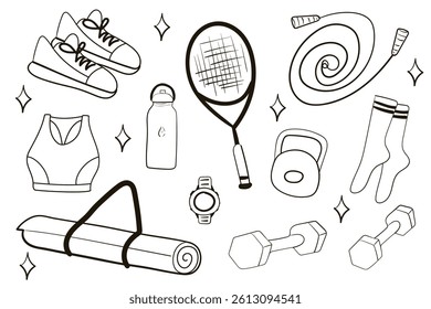 Fitness equipment collection doodle set. Workout accessory, yoga mat, sportswear, tennis racket and bag. Modern isolated vector illustration.