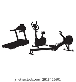 Fitness equipment collection featuring treadmill for running, exercise bike for cardio, and rowing machine for strength training. Professional gym gear silhouettes isolated on white background representing wellness, athletic development, aerobic endurance and complete home or commercial fitness solutions.