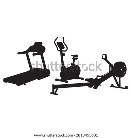 Fitness equipment collection featuring treadmill for running, exercise bike for cardio, and rowing machine for strength training. Professional gym gear silhouettes isolated on white background representing wellness, athletic development, aerobic endurance and complete home or commercial fitness solutions.